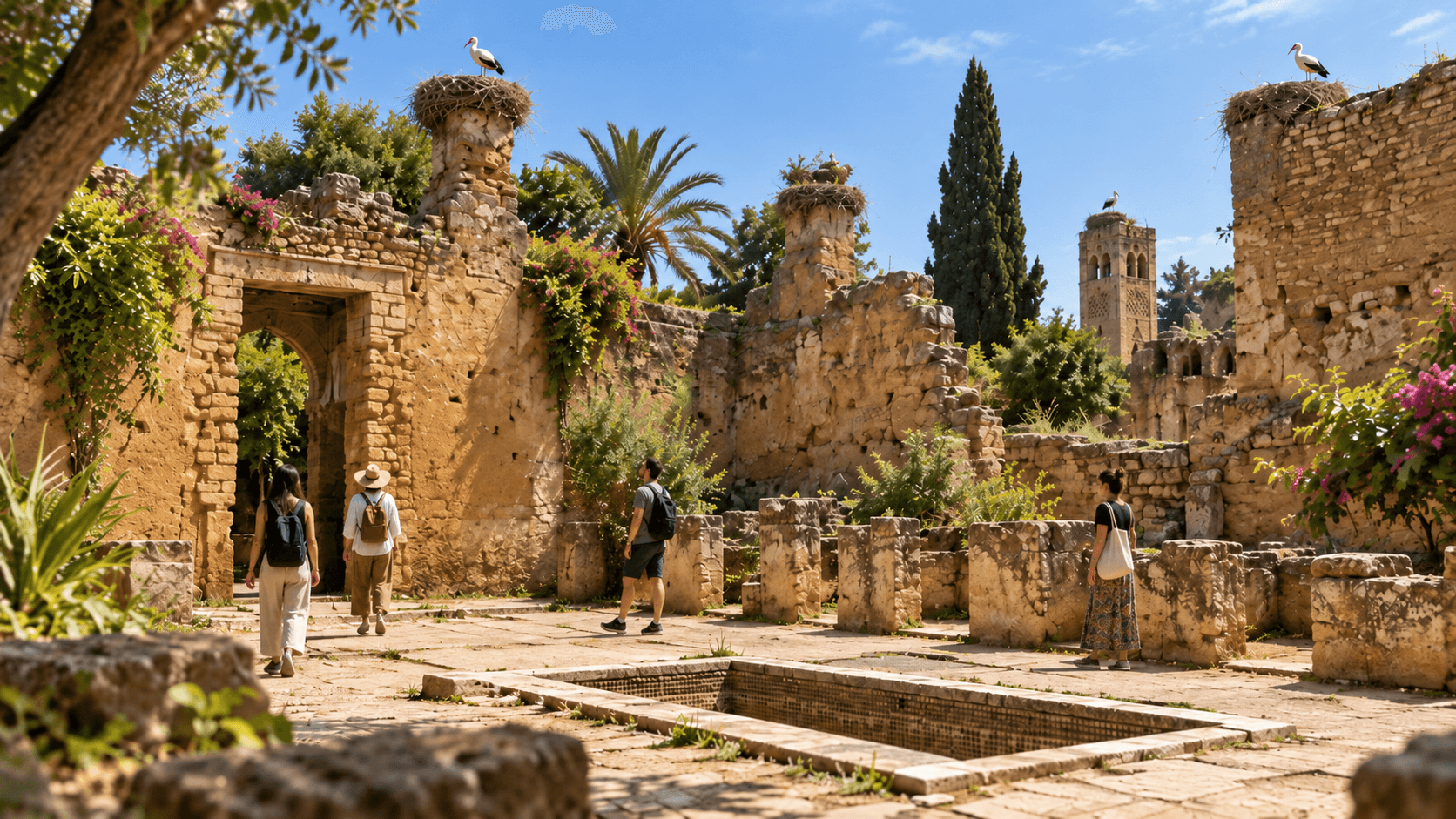 Voyageurs dans les ruines verdoyantes de Chellah à Rabat, sous les cigognes