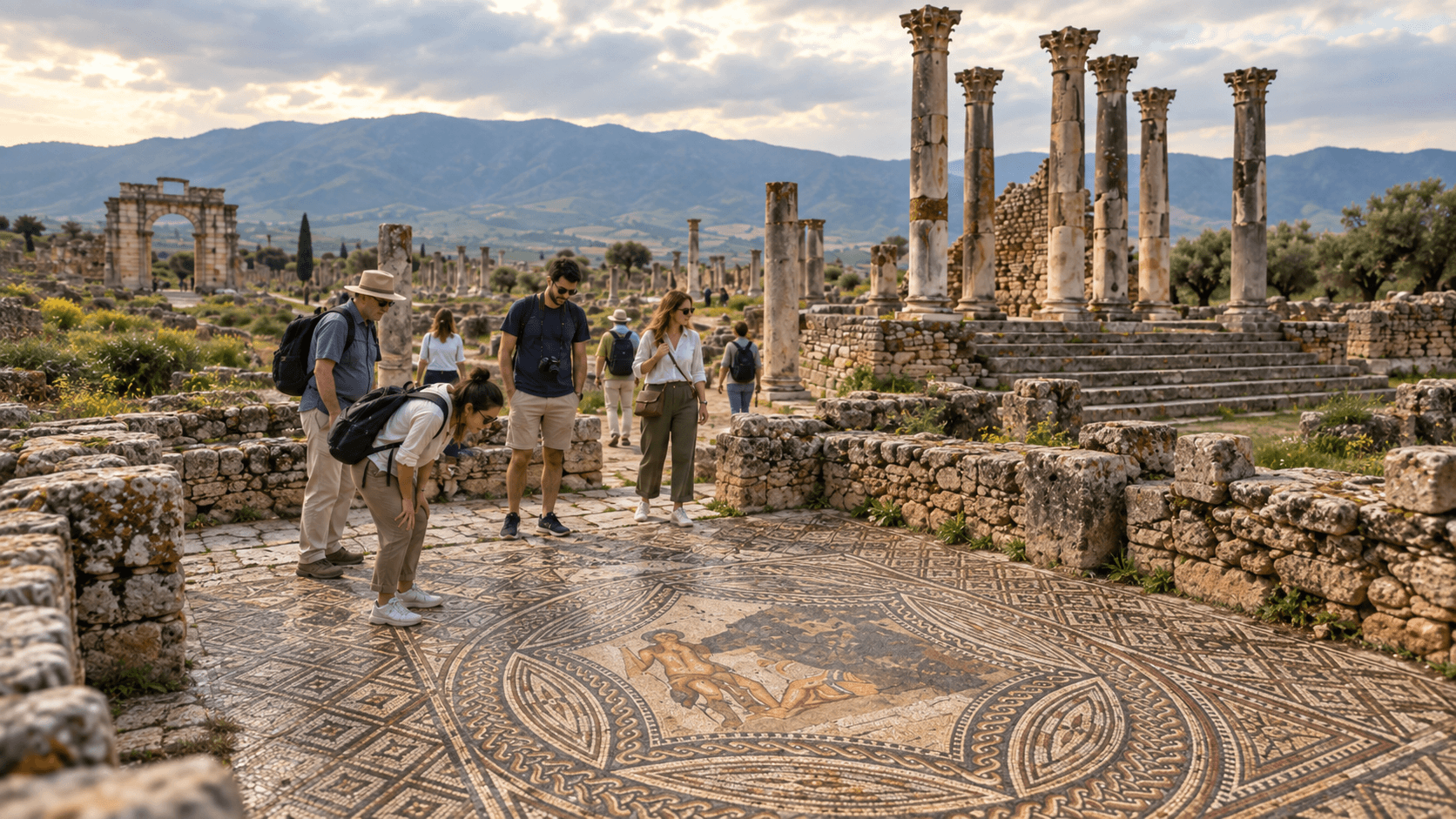 Voyageurs observant une mosaïque parmi les ruines romaines de Volubilis