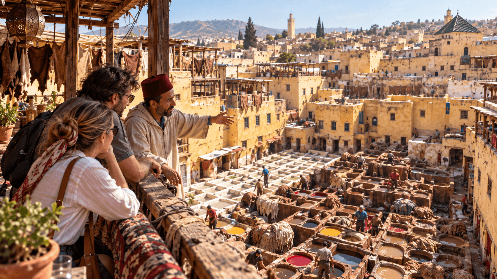 Guide et voyageurs devant les tanneries Chouara dans la médina de Fès