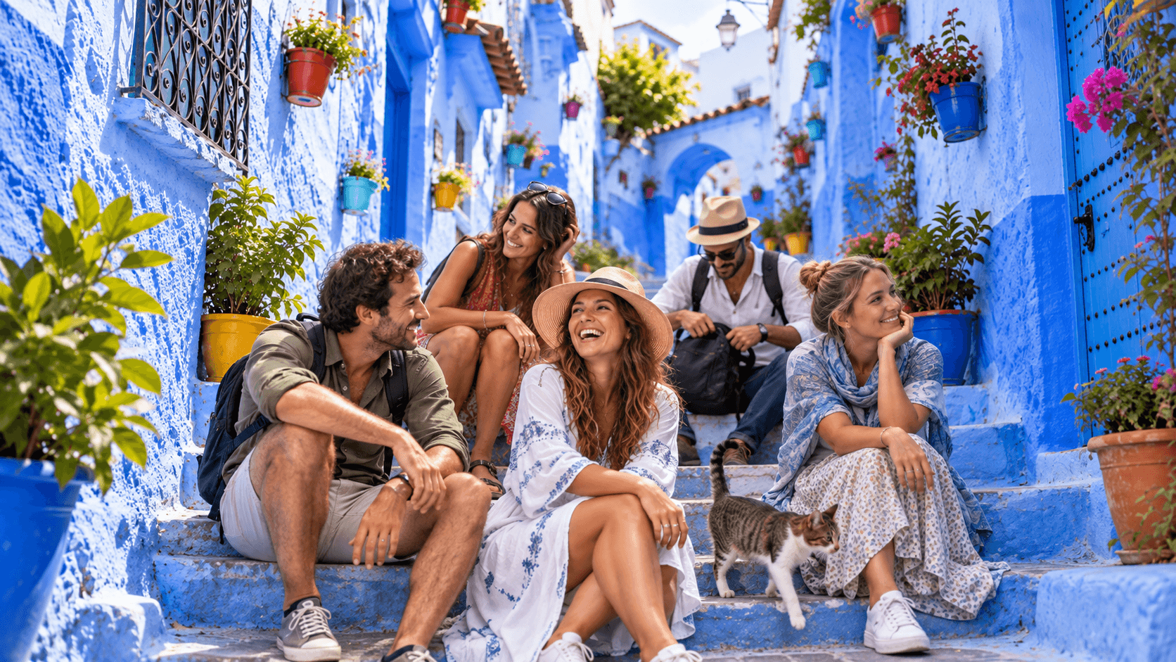 Voyageurs assis dans une ruelle bleue fleurie de Chefchaouen, avec un chat