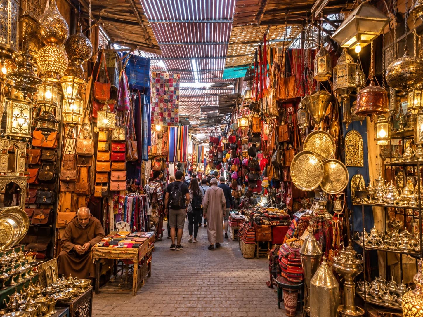 Ruelle du souk de Marrakech à la tombée du jour, lanternes allumées et maroquinerie