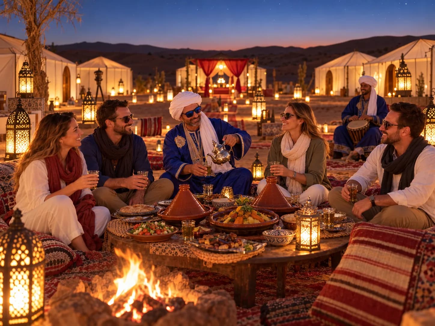 Dîner autour du feu au camp : tajines sur la table basse, thé versé de haut, tambour derrière