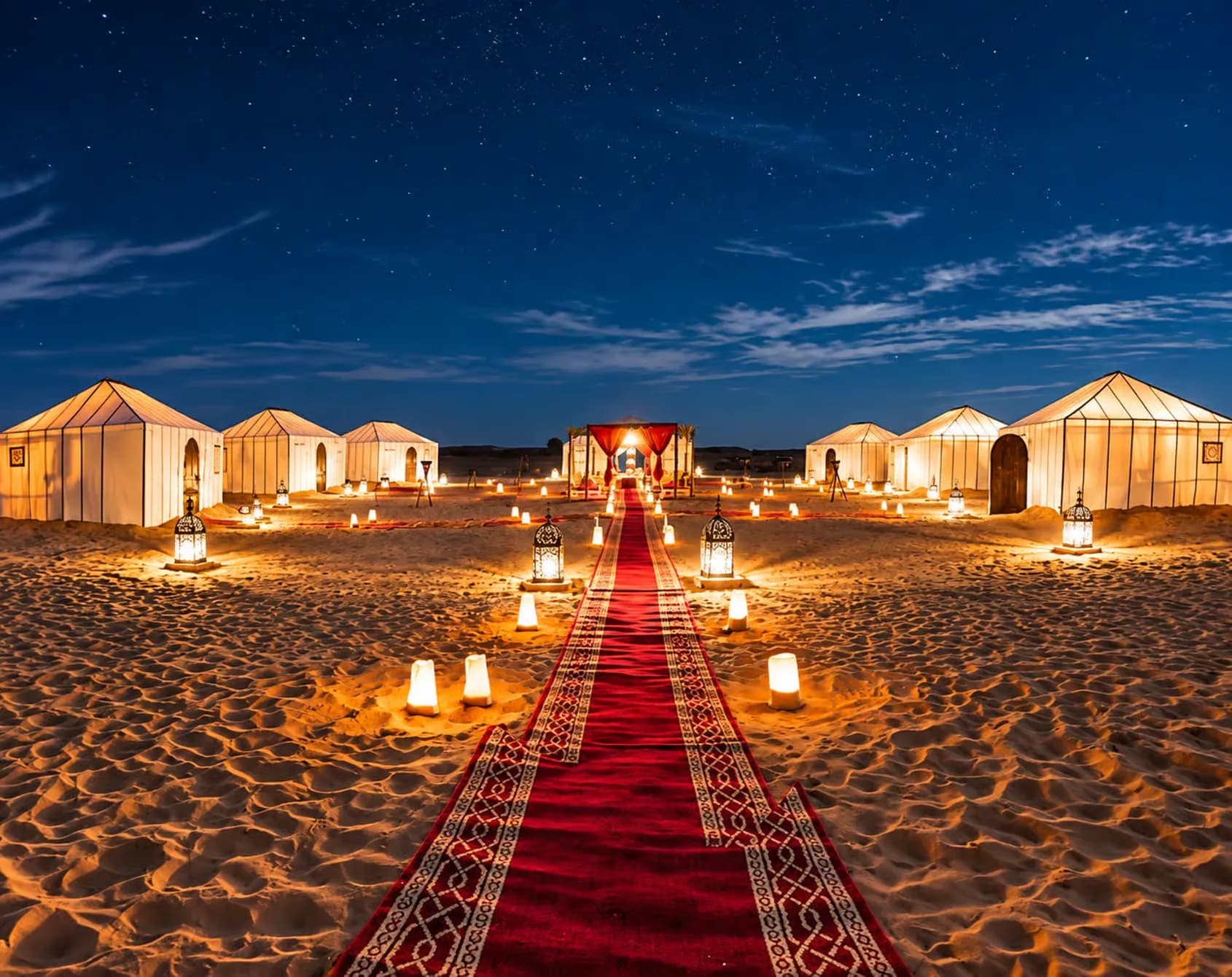 Camp éclairé à la tombée de la nuit dans le désert marocain