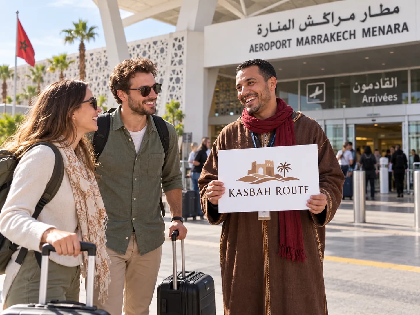 Un chauffeur-guide accueille deux voyageurs à l’arrivée de l’aéroport Marrakech Ménara