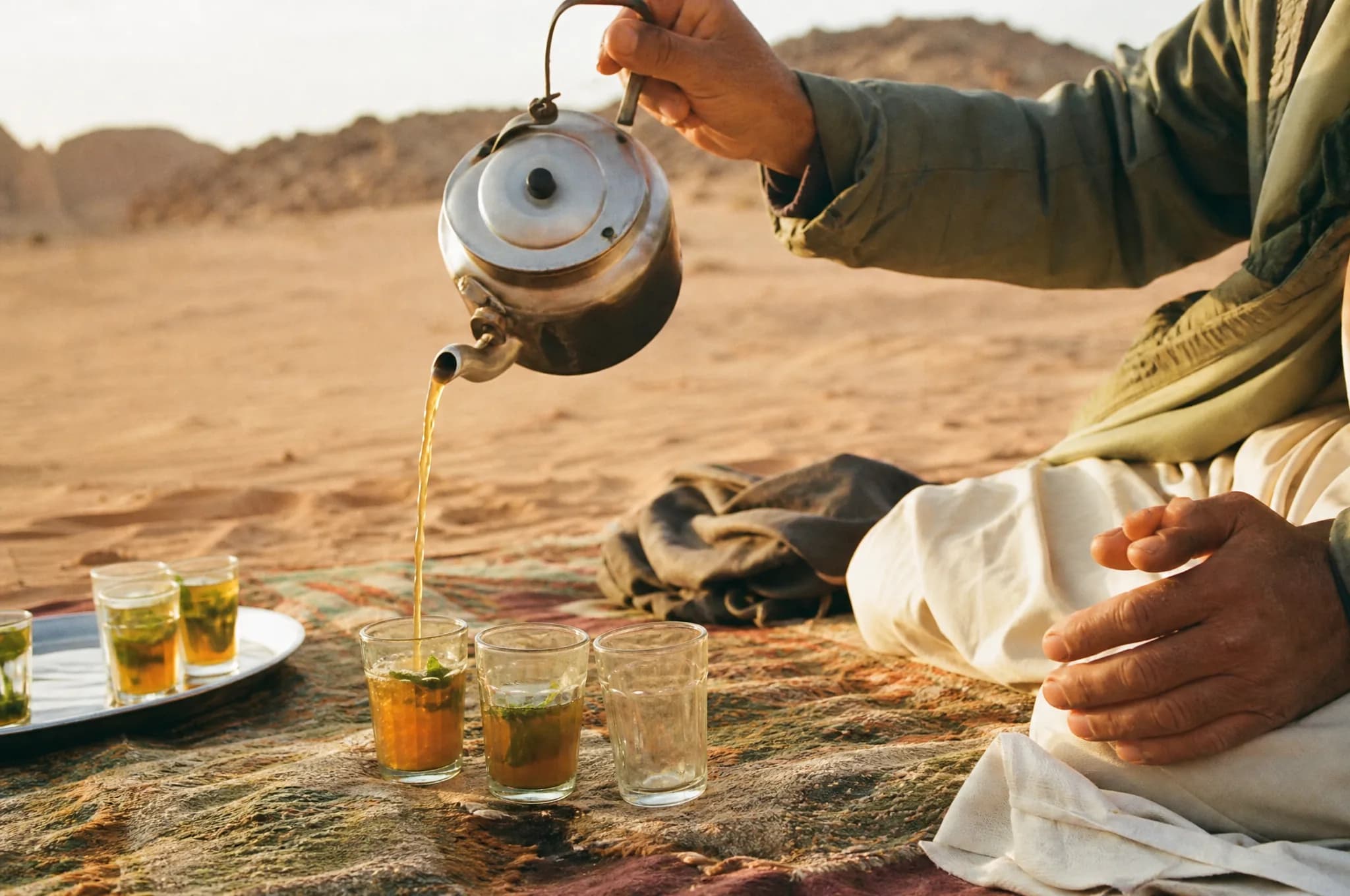 Thé à la menthe versé de haut dans de petits verres, sur un tapis posé sur le sable