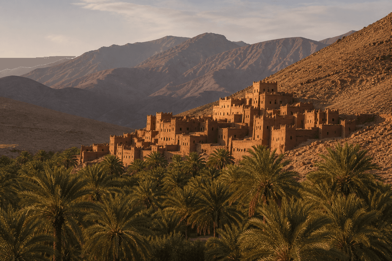 Kasbah en pisé dominant une palmeraie du sud marocain